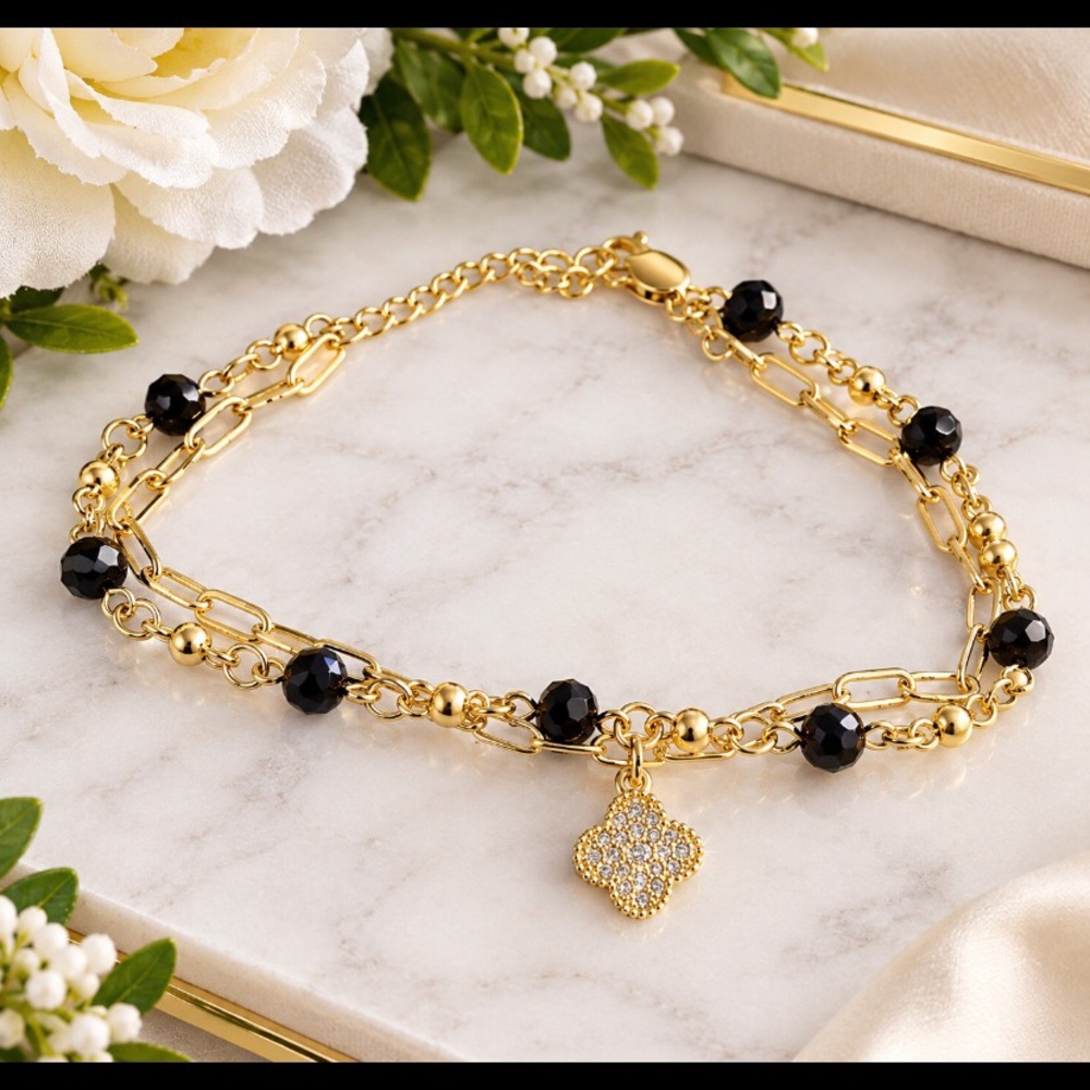 Gold Multi-Chain Bracelet with Black Beads and Pave Clover Charm